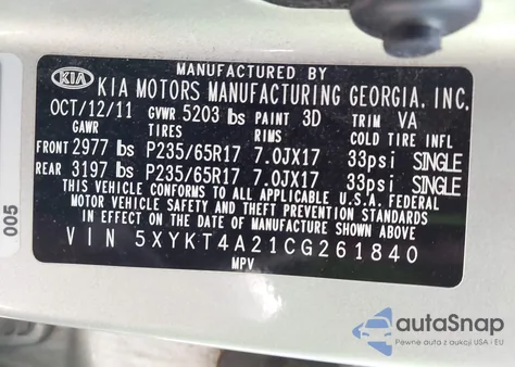 2012 Kia Sorento Lx V6 from USA, damaged, VIN 5XYKT4A21CG261840